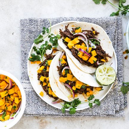 Slow Cooker Chipotle Barbecue Beef Tacos with Mango Salsa | www.floatingkitchen.net