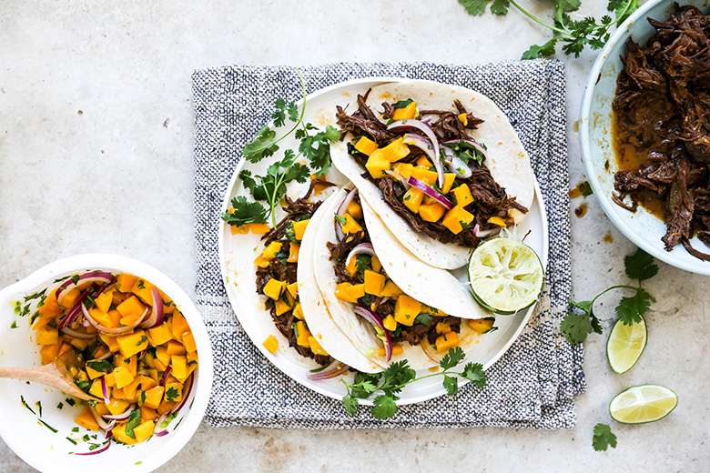 Slow Cooker Chipotle Barbecue Beef Tacos with Mango Salsa | www.floatingkitchen.net