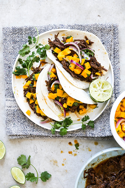 Slow Cooker Chipotle Barbecue Beef Tacos with Mango Salsa | www.floatingkitchen.net