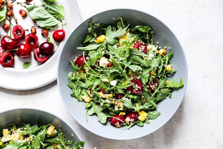 Cherry, Corn and Arugula Salad with Quinoa and Blue Cheese Floating