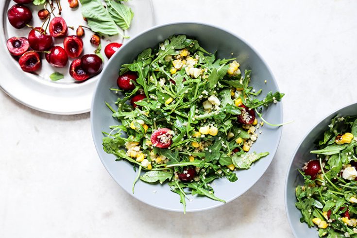 Cherry, Corn and Arugula Salad with Quinoa and Blue Cheese