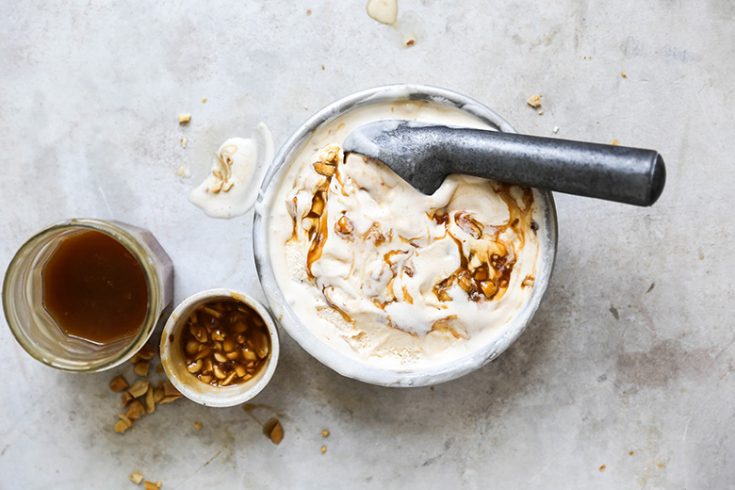 Sweet Corn Buttermilk Ice Cream with Salted Caramel and Peanut Swirl