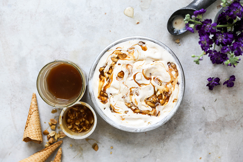 Sweet Corn Buttermilk Ice Cream with Salted Caramel and Peanut Swirl | www.floatingkitchen.net