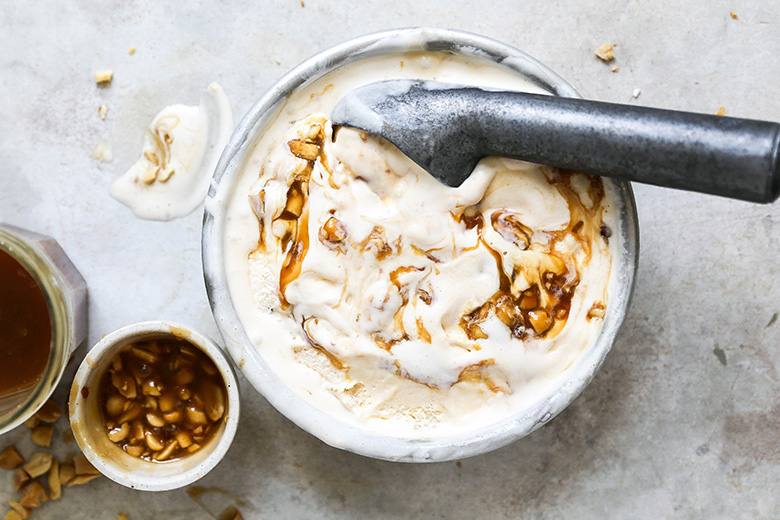 Sweet Corn Buttermilk Ice Cream with Salted Caramel and Peanut Swirl | www.floatingkitchen.net