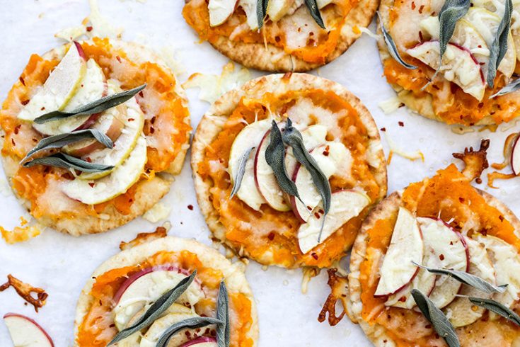 Butternut Squash and Apple Pita Bread Pizzas with Cheddar Cheese and Sage