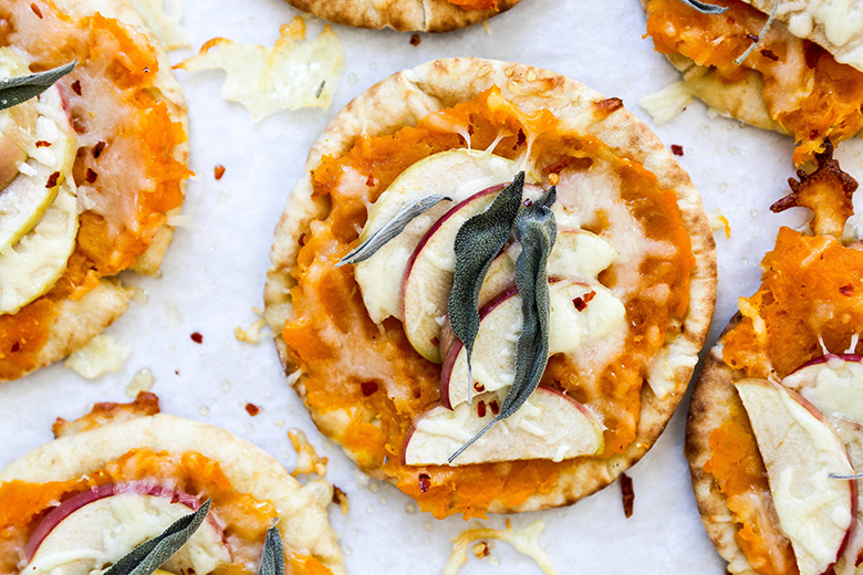 Butternut Squash and Apple Pita Bread Pizzas with Cheddar Cheese and Sage | www.floatingkitchen.net