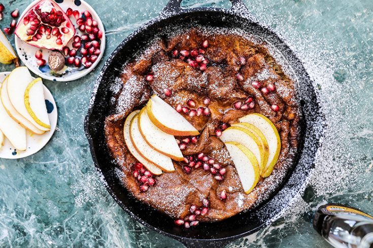 Eggnog Dutch Baby Pancake with Pears and Pomegranate