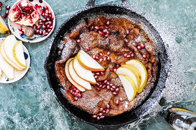 Eggnog Dutch Baby Pancake with Pears and Pomegranate | www.floatingkitchen.net