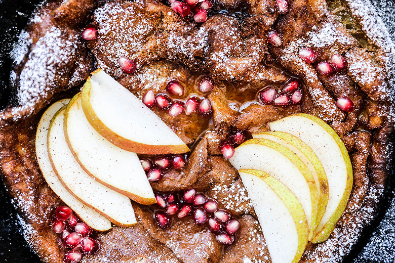 Eggnog Dutch Baby Pancake with Pears and Pomegranate | www.floatingkitchen.net