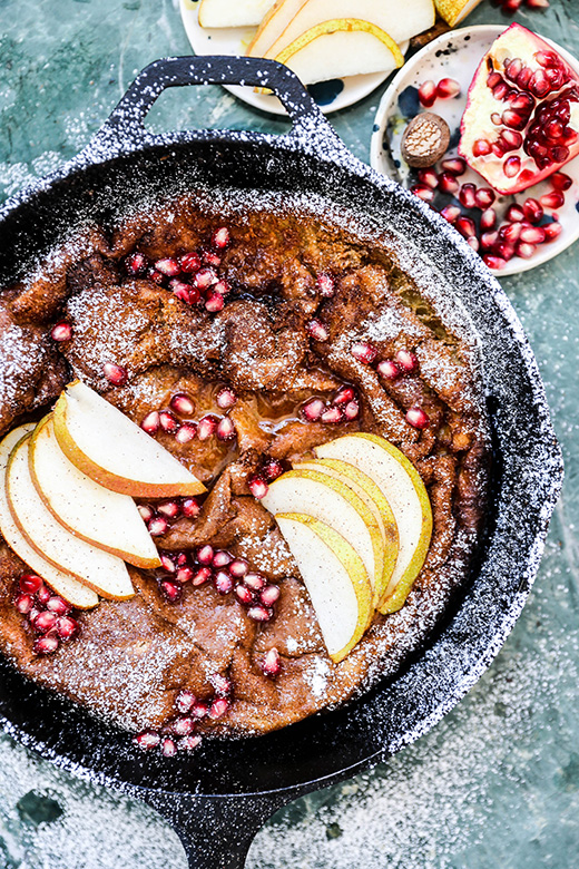 Eggnog Dutch Baby Pancake with Pears and Pomegranate | www.floatingkitchen.net