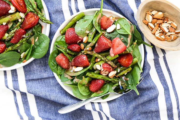 Roasted Strawberry and Asparagus Spinach Salad with Tahini Dressing