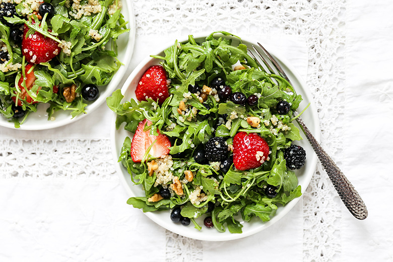 Triple Berry and Arugula Salad with Quinoa and Walnuts | www.floatingkitchen.net