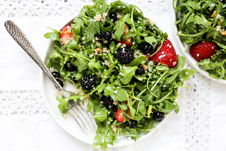 Triple Berry and Arugula Salad with Quinoa and Walnuts | www.floatingkitchen.net