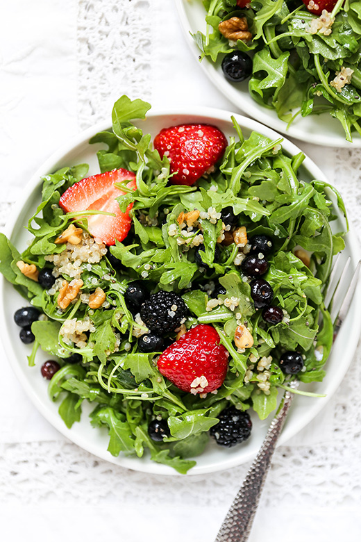 Triple Berry and Arugula Salad with Quinoa and Walnuts | www.floatingkitchen.net