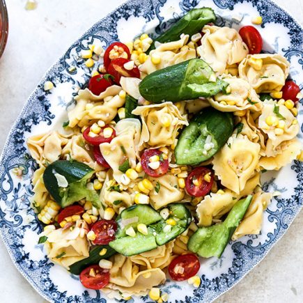 Tortellini and Smashed Cucumber Salad with Corn and Tomatoes | www.floatingkitchen.net