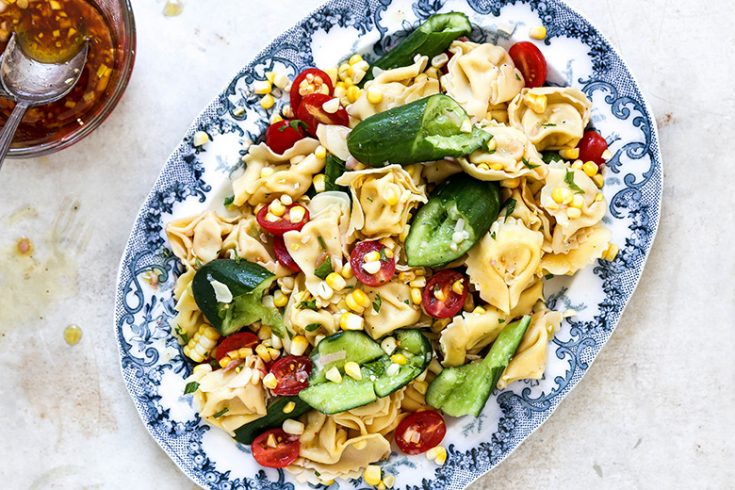 Tortellini and Smashed Cucumber Salad with Corn and Tomatoes