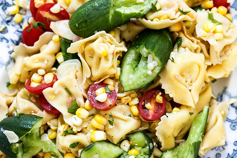 Tortellini and Smashed Cucumber Salad with Corn and Tomatoes | www.floatingkitchen.net