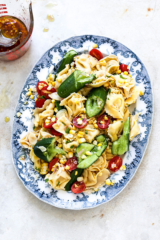 Tortellini and Smashed Cucumber Salad with Corn and Tomatoes | www.floatingkitchen.net