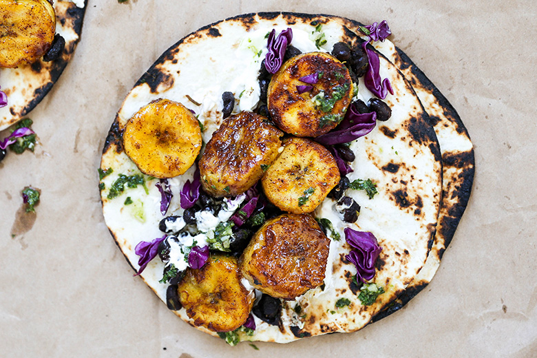 Plantain and Black Bean Tacos with Chimichurri Sauce | www.floatingkitchen.net