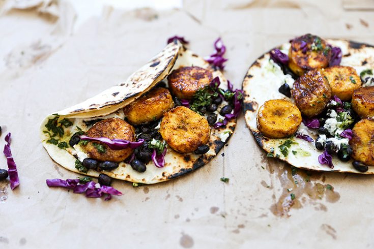 Plantain and Black Bean Tacos with Chimichurri Sauce