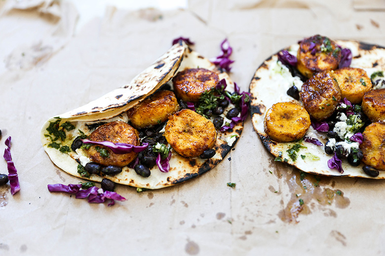 Plantain and Black Bean Tacos with Chimichurri Sauce | www.floatingkitchen.net