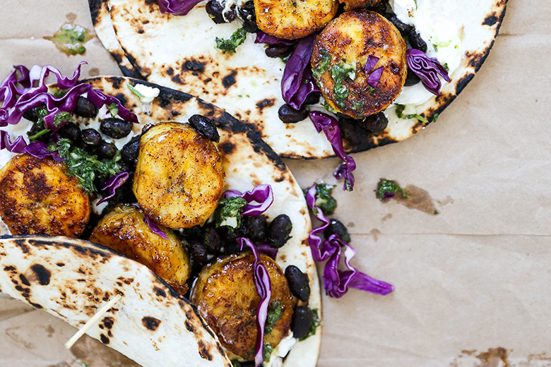 Plantain and Black Bean Tacos with Chimichurri Sauce | www.floatingkitchen.net