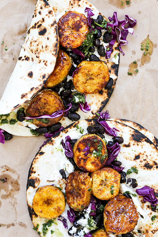 Plantain and Black Bean Tacos with Chimichurri Sauce | www.floatingkitchen.net