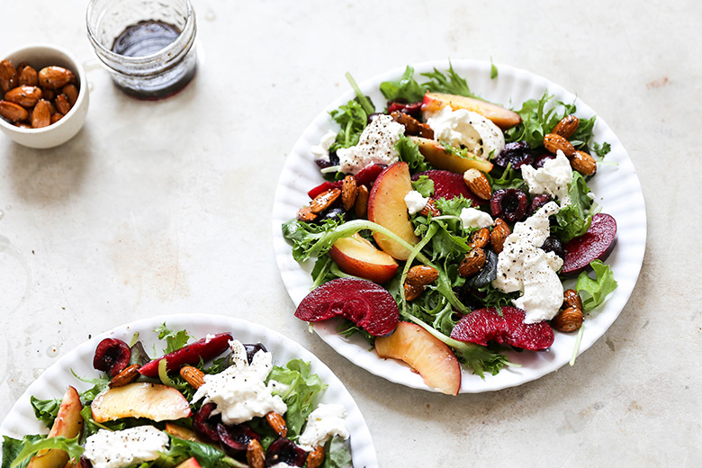 Summer Stone Fruit Salad with Burrata and Salt & Pepper Almonds | www.floatingkitchen.net