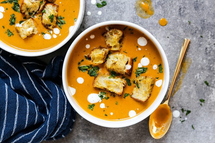 Creamy Sweet Potato, Pear and Leek Soup with Spiced Croutons