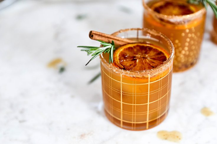 Apple Cider, Bourbon and Amaretto Cocktails with Brûléed Oranges