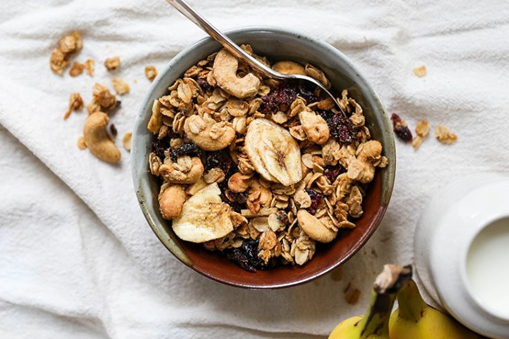 Vegan Cashew Granola with Banana Chips, Cranberries and Cacao Nibs