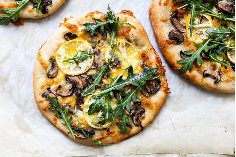 Individual Meyer Lemon, Mushroom and Arugula Pizzas | www.floatingkitchen.net