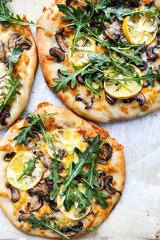 Individual Meyer Lemon, Mushroom and Arugula Pizzas | www.floatingkitchen.net