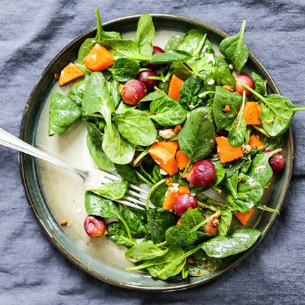 Warm Spinach Salad with Roasted Grapes and Sweet Potatoes | www.floatingkitchen.net