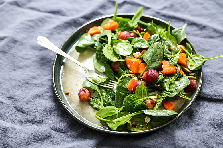 Warm Spinach Salad with Roasted Grapes and Sweet Potatoes | www.floatingkitchen.net