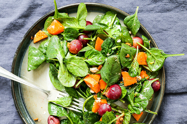 Warm Spinach Salad with Roasted Grapes and Sweet Potatoes | www.floatingkitchen.net