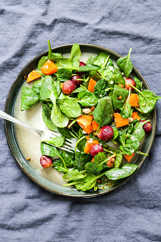 Warm Spinach Salad with Roasted Grapes and Sweet Potatoes | www.floatingkitchen.net