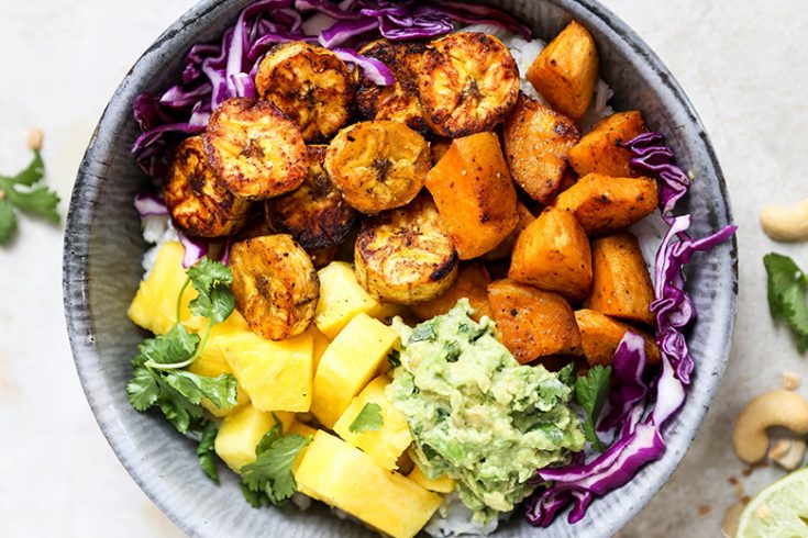 Roasted Plantain and Sweet Potato Rice Bowls