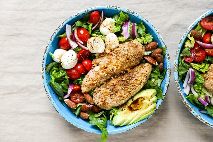 Almond-Crusted Chicken Caprese Salad