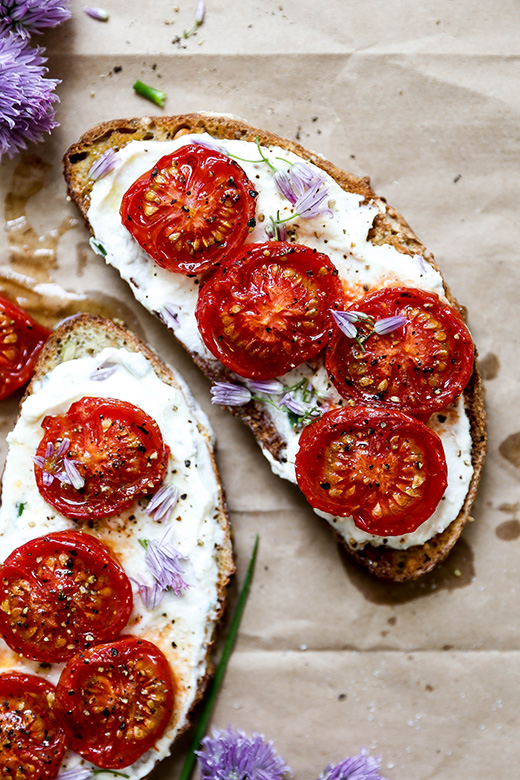 Chive Ricotta Toast with Slow Roasted Tomatoes | www.floatingkitchen.net