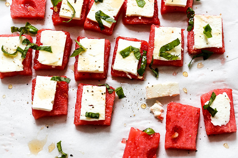 Watermelon Feta Bites with Basil and Hot Honey | www.floatingkitchen.net