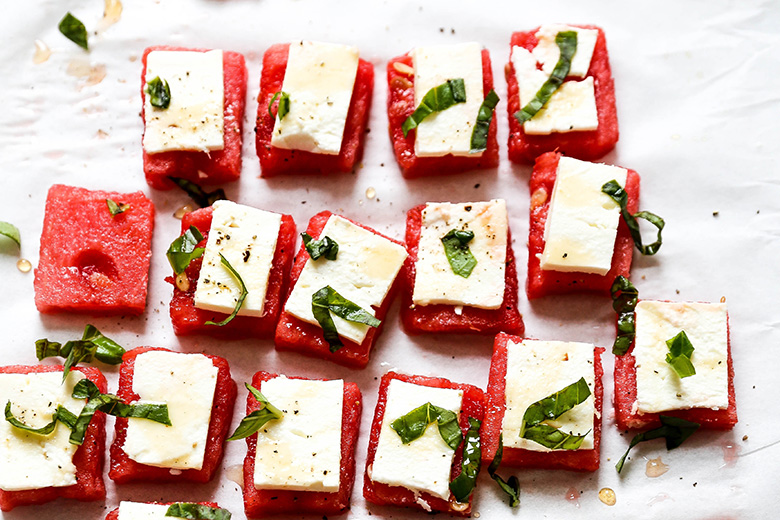 Watermelon Feta Bites with Basil and Hot Honey | www.floatingkitchen.net