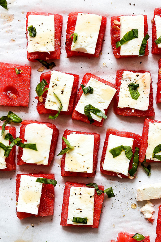 Watermelon Feta Bites with Basil and Hot Honey | www.floatingkitchen.net