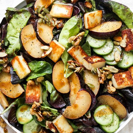 Plum and Fried Halloumi Salad with Maple-Nut Clusters | www.floatingkitchen.net