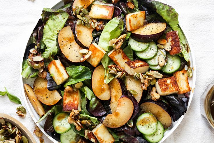 Plum and Fried Halloumi Salad with Maple-Nut Clusters