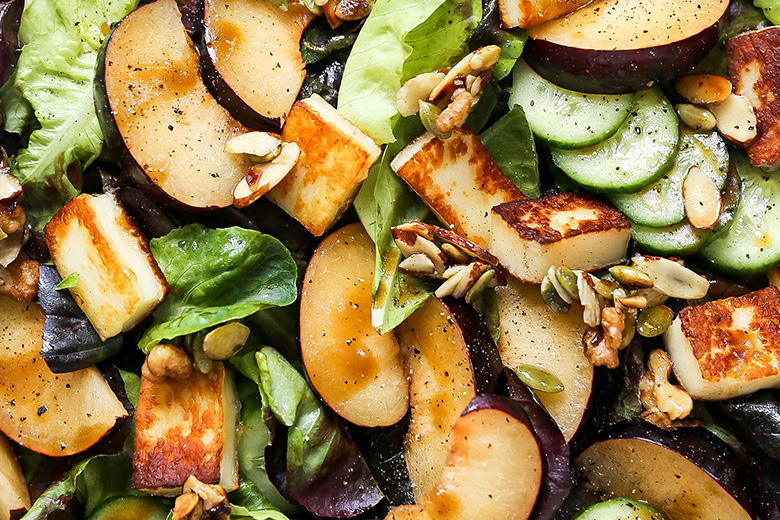 Plum and Fried Halloumi Salad with Maple-Nut Clusters | www.floatingkitchen.net