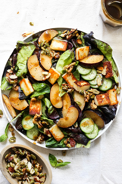 Plum and Fried Halloumi Salad with Maple-Nut Clusters | www.floatingkitchen.net