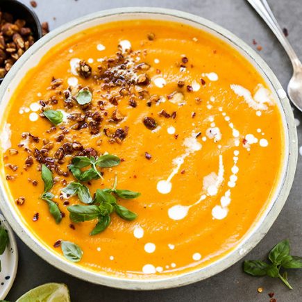 Creamy Thai Carrot and Sweet Potato Soup with Roasted Tamari Almonds | www.floatingkitchen.net
