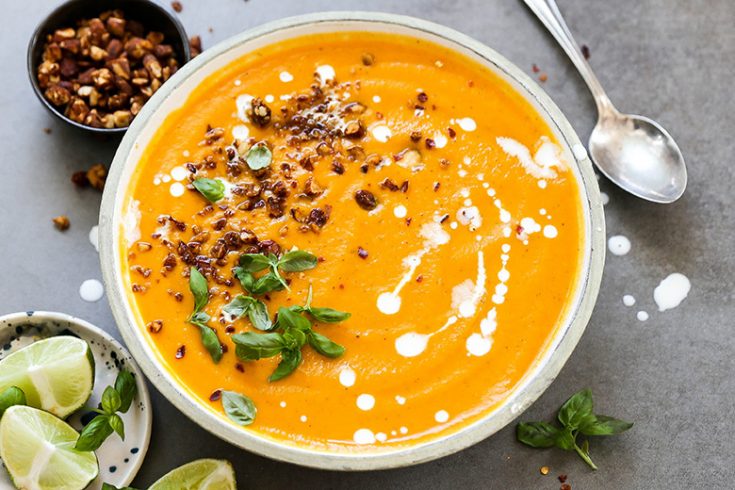 Creamy Thai Carrot and Sweet Potato Soup with Roasted Tamari Almonds