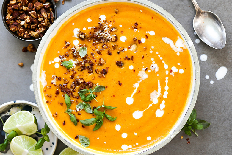Creamy Thai Carrot and Sweet Potato Soup with Roasted Tamari Almonds | www.floatingkitchen.net